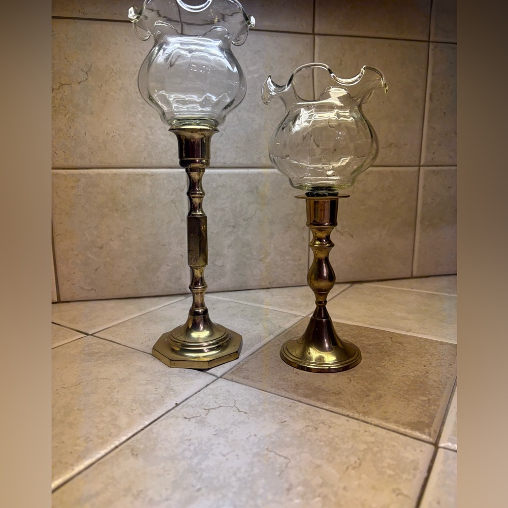 Vintage Brass Candlesticks Made In India with Glass Scallop Shades